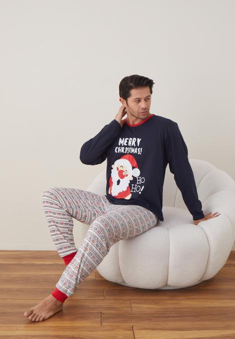 Pijama barbati Craciun " MERRY CHRISMAS" maneca lunga ,pantaloni lungi,Culoare Bleumarin, Engros